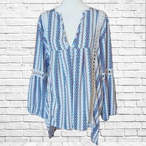 Bohemian Cottagecore Womens Blouse Top Blue White Red